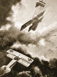 Kapitän Ralph Newton Adams, mit dem Beobachter Leutnant Vernon und Leutnant Dirk Cloete, die sechs feindliche Maschinen angreifen, von denen zwei abgeschossen und die restlichen vertrieben wurden